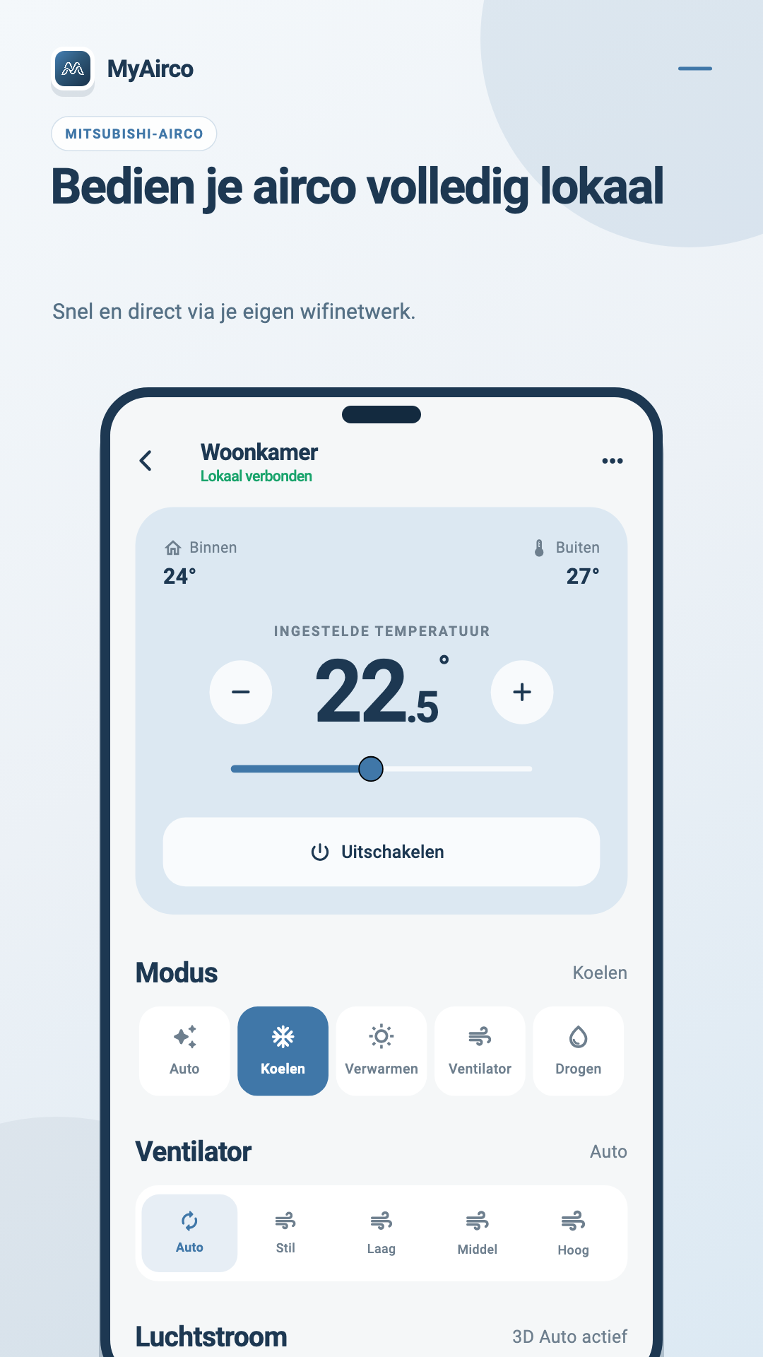 Het bedieningsscherm van de MyAirco-app op een smartphone voor een Mitsubishi Heavy Industries-airco in de woonkamer, met binnen- en buitentemperatuur, een doeltemperatuur van 22,5 graden, moduskeuze en ventilatorsnelheid.