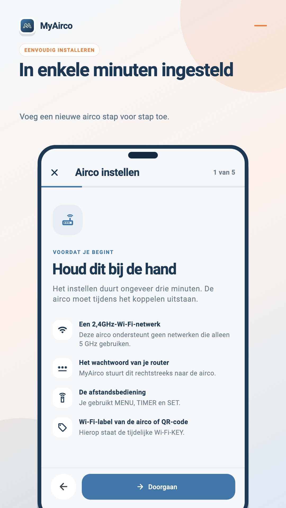De installatiewizard van MyAirco bij stap één van vijf, met wat je bij de hand moet houden om een WF-RAC-Wi-Fi-module aan je thuisnetwerk te koppelen.