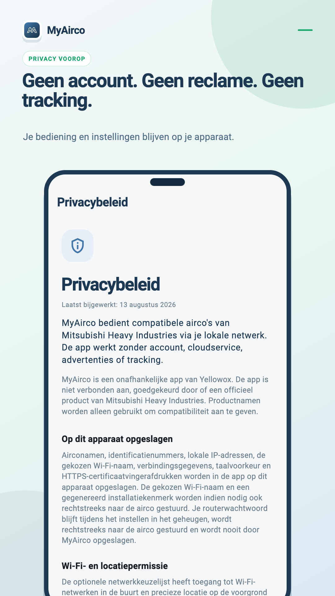 Het privacybeleid in de MyAirco-app, met uitleg over wat er op je telefoon wordt opgeslagen en welke Android-rechten de airco-app gebruikt.